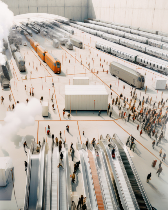 Kép a nyüzsgő Nyugati pályaudvarról, sokféle utas mindennapi közlekedésével. Az állomás modern építészeti stílusban van ábrázolva, megjelennek az akadálymentes utakat jelölő vezetősávok és a mozgólépcsők is.