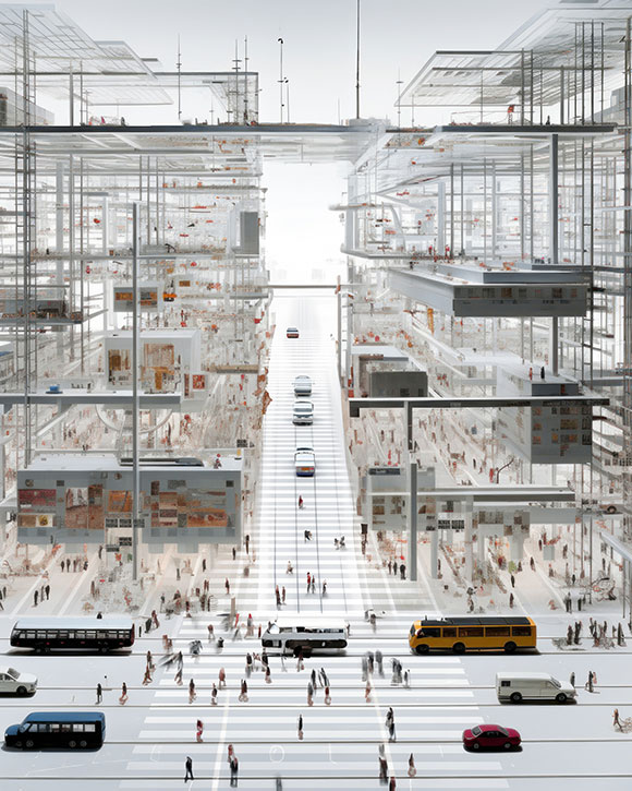 Átlátszó, többszintes épületstruktúrákat ábrázoló városi jelenet a Thököly utat mutatja be, ahol különböző szinteken láthatók az emberek és középpontban a közlekedés és a zebrán átkelés látható egy forgalmas többsávos autóúton.