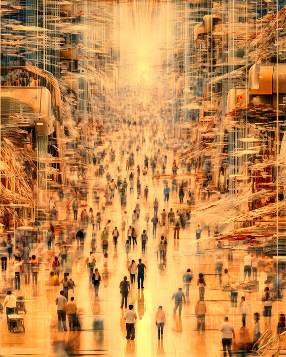 A kép a Keleti és annak környékét ábrázolja, elmosódott alakokkal, amelyek a városi élet hektikus ütemét ábrázolják. Mindenütt siető járókelők és a bennünket körülvevő épületek alakjai jelennek meg.